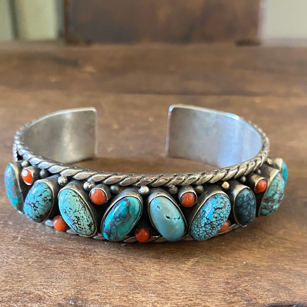 Turquoise and Coral Sterling Silver Cuff Bracelet - Women's Jewelry
